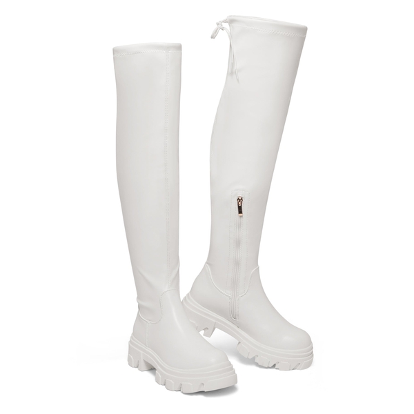 Ikon Stretchy Over The Knee Boots - WHITE PU - 5